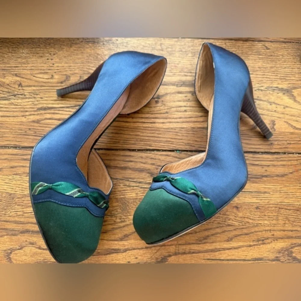 Anthropologie Lucky Penny Heeled Pumps NELLA SATIN HEEL ARGYLE NAVY/MARIN Heels - Picture 2 of 7